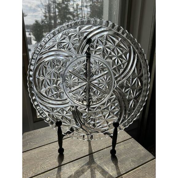 Anchor Hocking Stars and Bars Torte Plate Round Platter Tray Pressed Glass - Picture 2 of 12